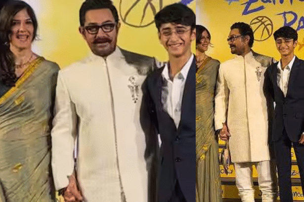Aamir Khan Gauri Spratt और Azad के साथ Sitaare Zameen Par स्क्रीनिंग में
